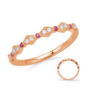 14K Rose Gold Fancy Diamond & Ruby Band, Alternating Round & Horizontal Diamond Design