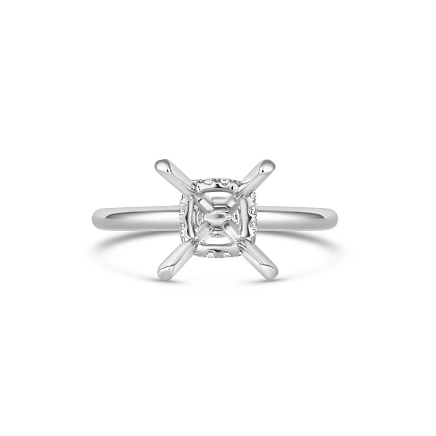 14K White Gold Diamond Semi Mount Ring with Cushion Hidden Halo