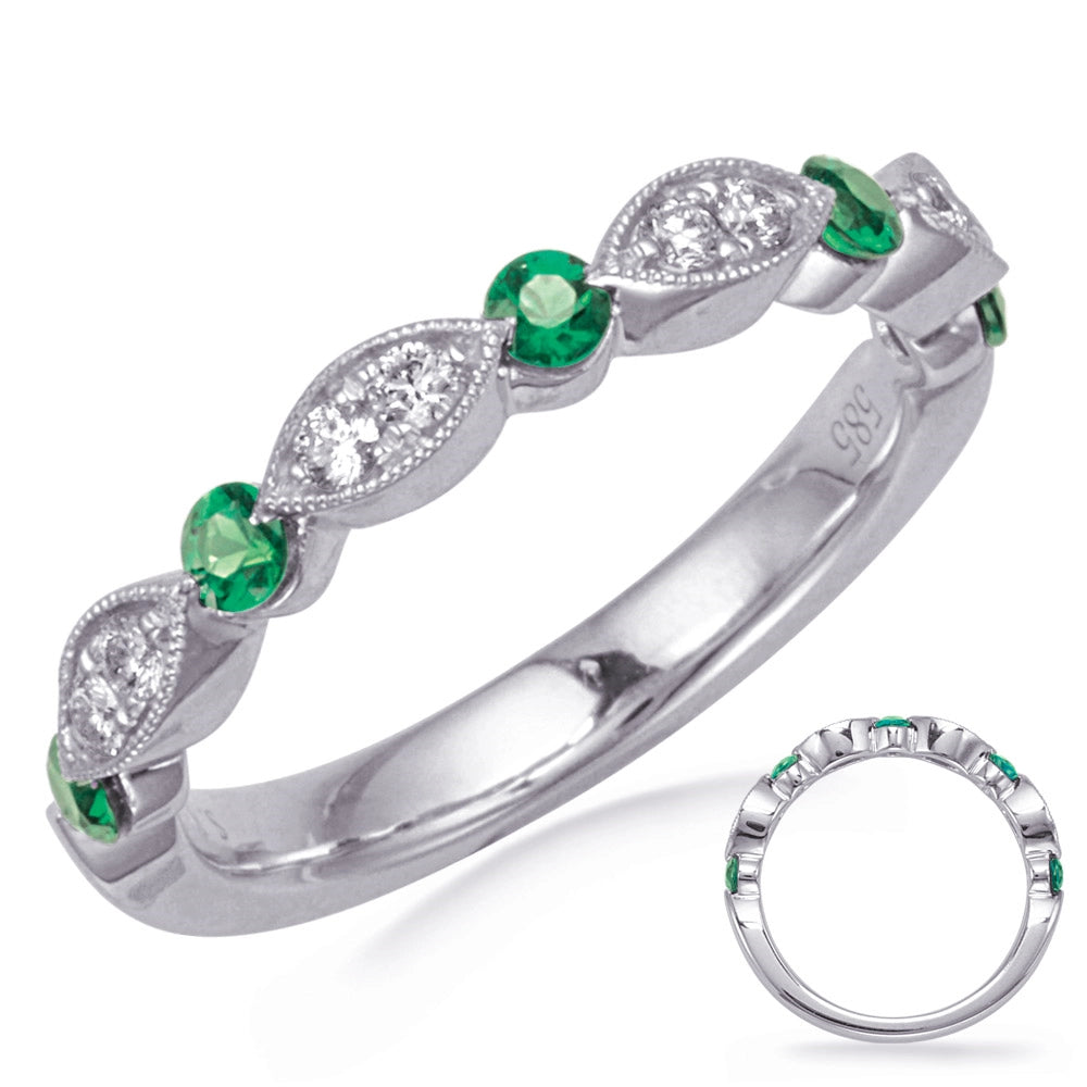 14K White Gold Emerald and Diamond Band, Marquise and Round Design