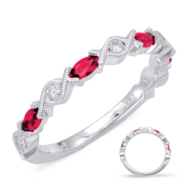 14K White Gold Marquise Ruby and Round Diamond Band