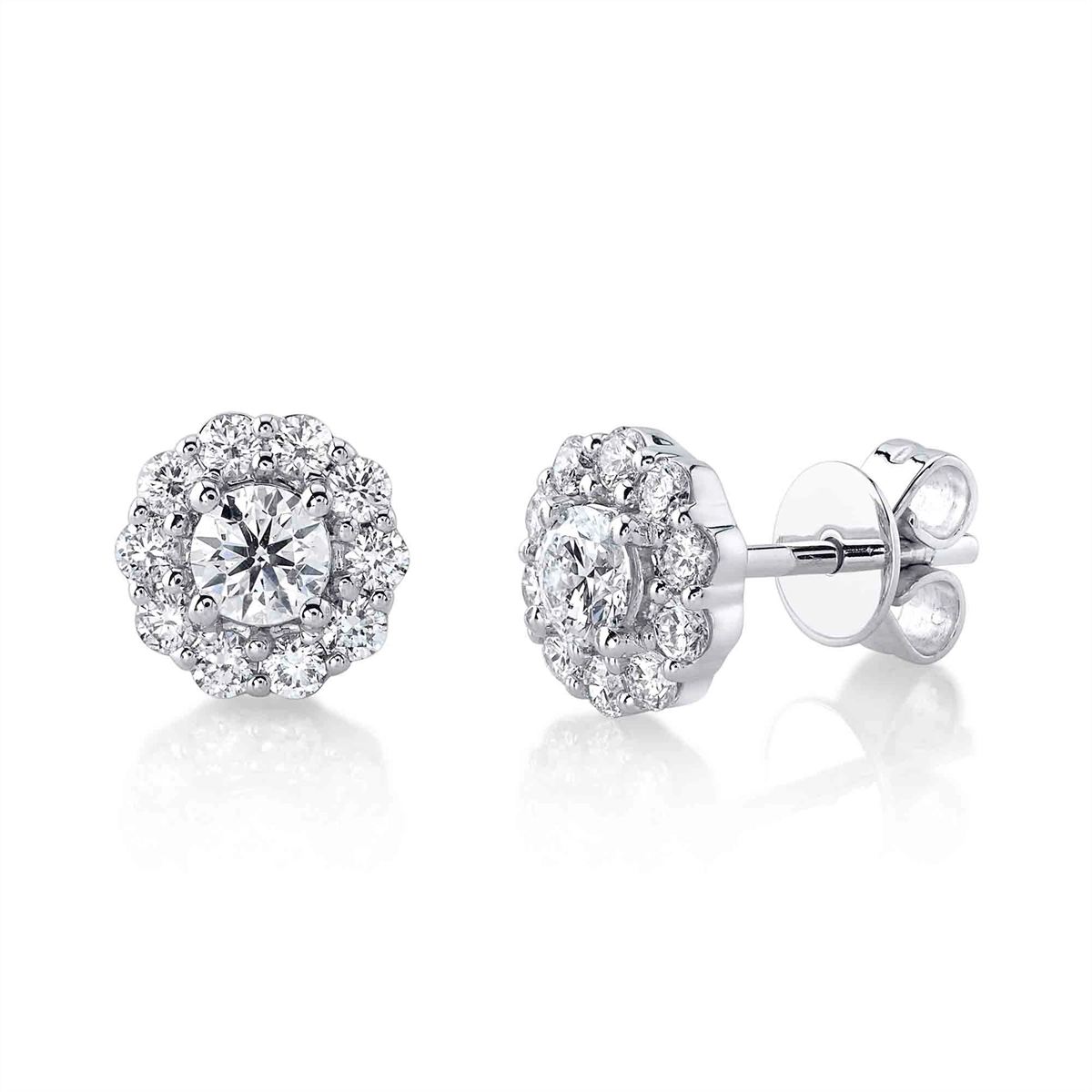 14K White Gold Round Diamond with Halo Stud Earrings