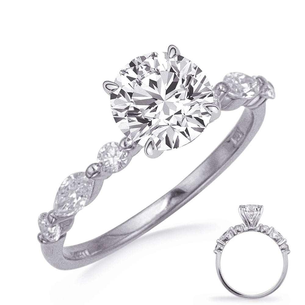 14K White Gold Semi Mount Diamond Ring with Bead Set Marquise and Round Diamonds