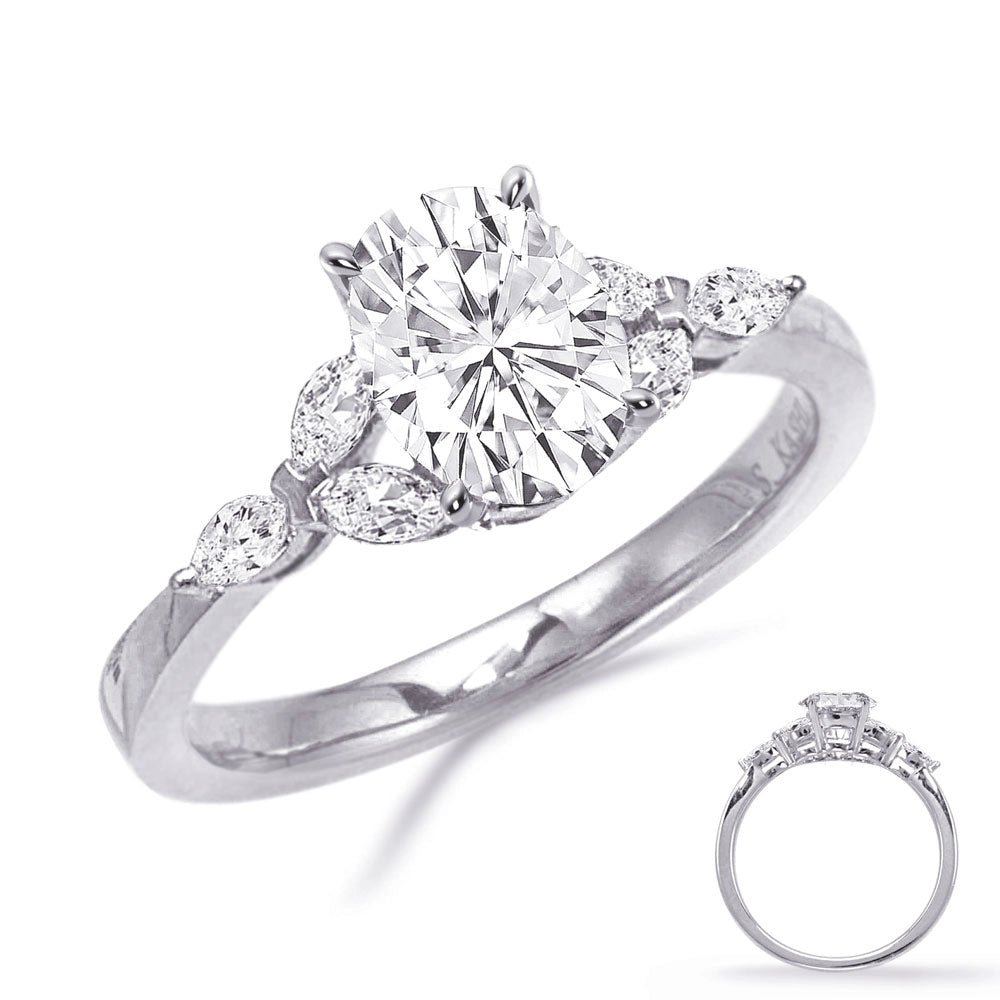 14K White Gold Semi Mount Diamond Ring with Oval Head and Marquise Sides