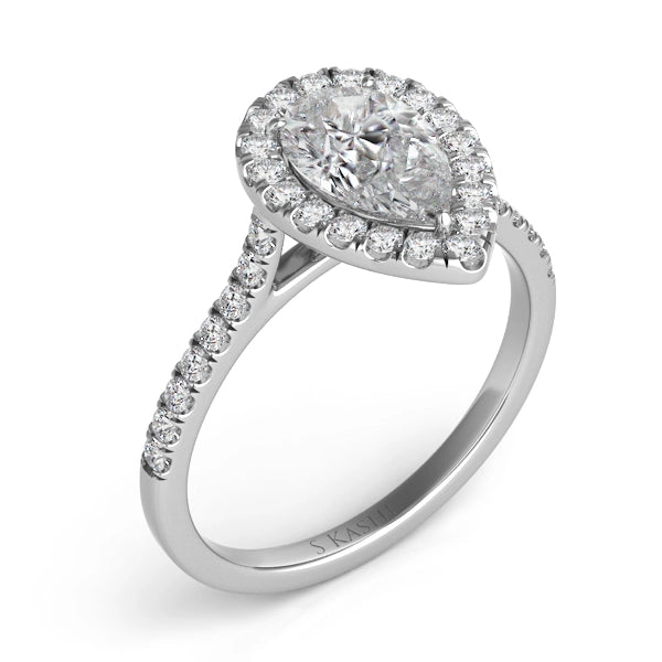 14K White Gold Semi Mount Diamond Ring with Pear Halo