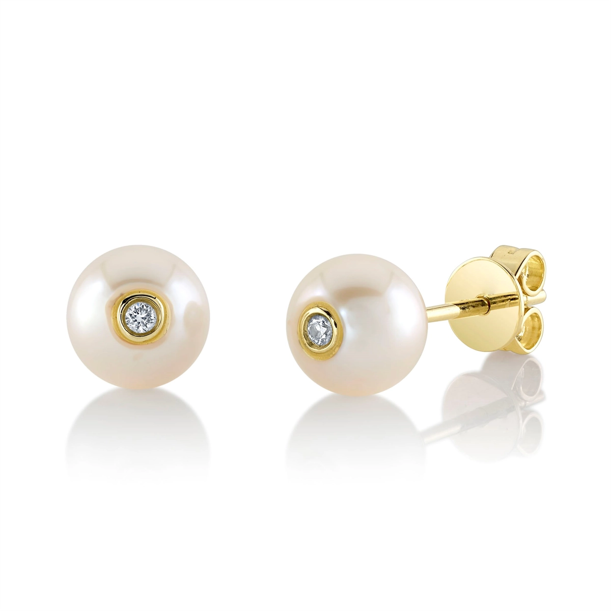 14K Yellow Gold Cultured Pearl with Inserted Bezel Set Diamond Stud Earrings