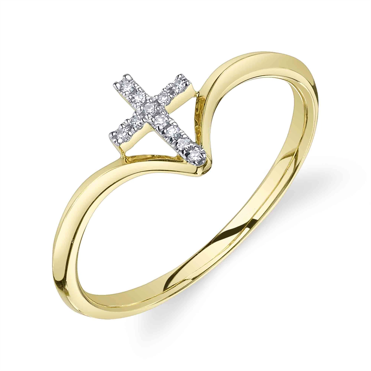 14K Yellow Gold Curved Diamond Cross Ring