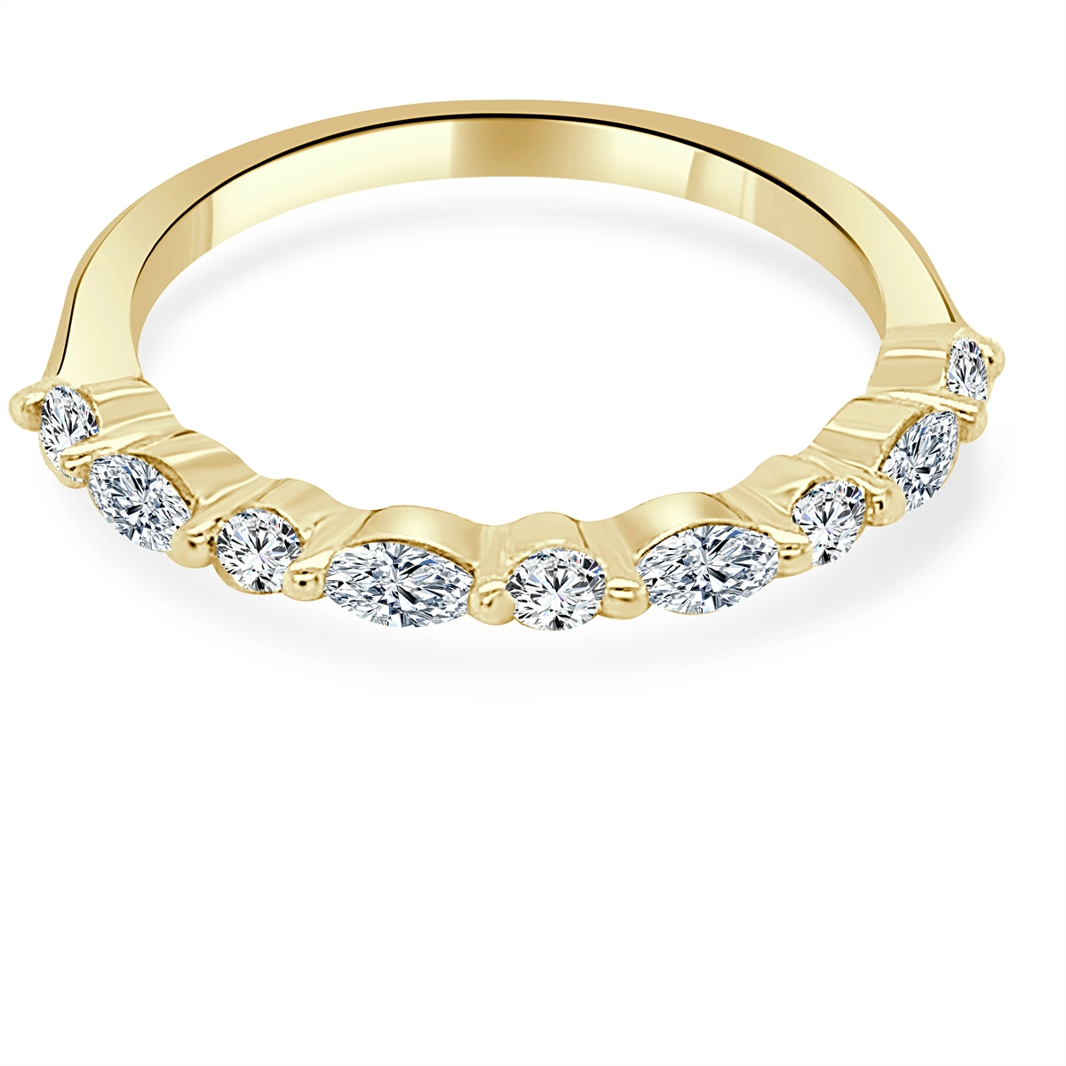 14K Yellow Gold Diamond Band, Prong Set Alternating Marquise and Rounds