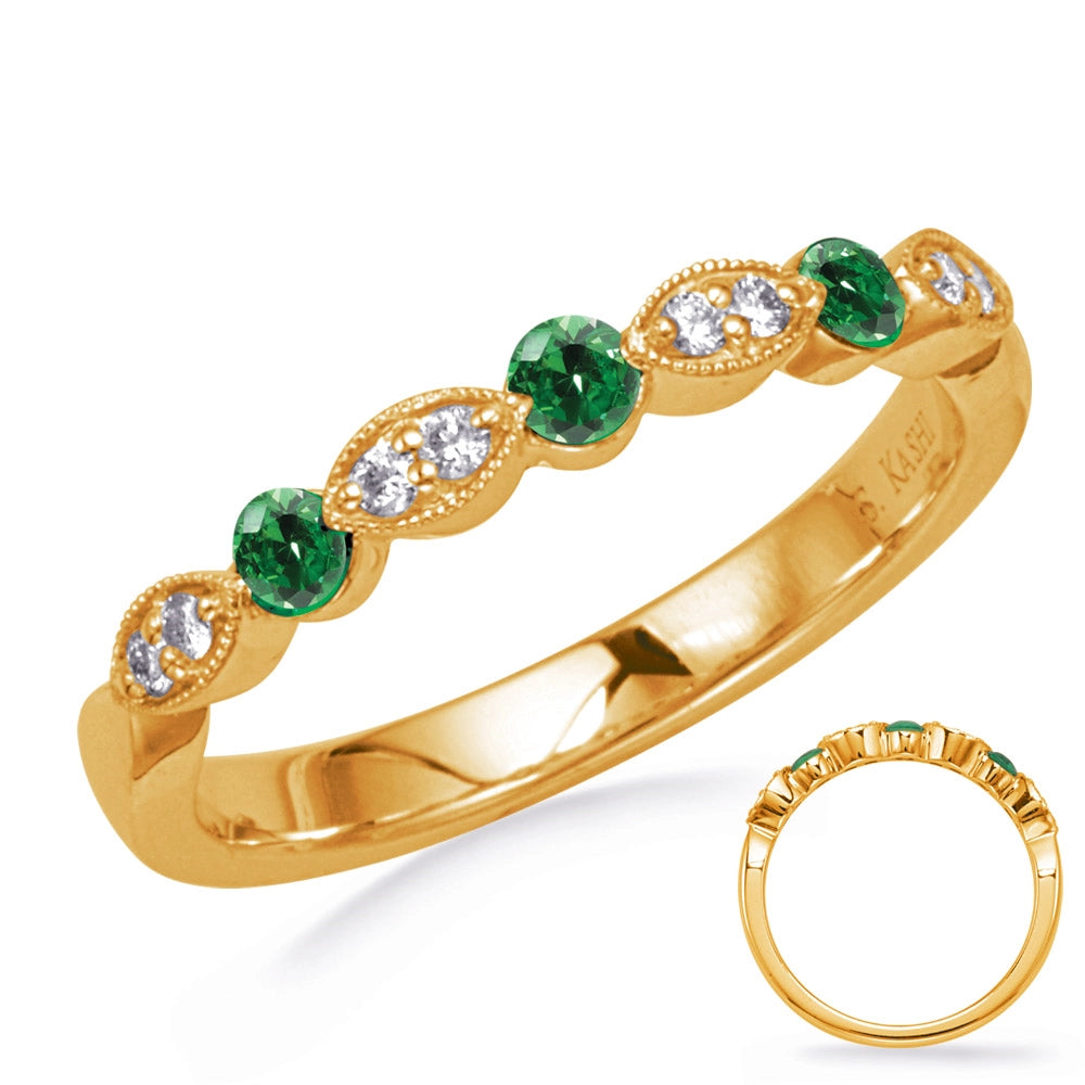 14K Yellow Gold Emerald and Diamond Band, Fancy Marquise and Round Design