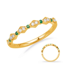 14K Yellow Gold Fancy Diamond & Emerald Band, Alternating Round & Horizontal Diamond Design