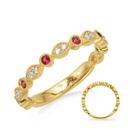 14K Yellow Gold Fancy Diamond & Ruby Band, Alternating Round & Marquise Design