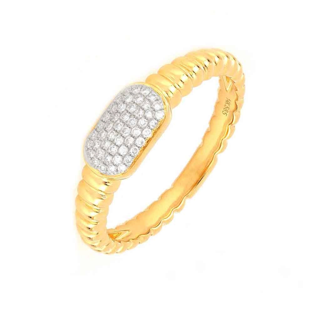 14K Yellow Gold Ribbed Ring with Pave Diamond Center