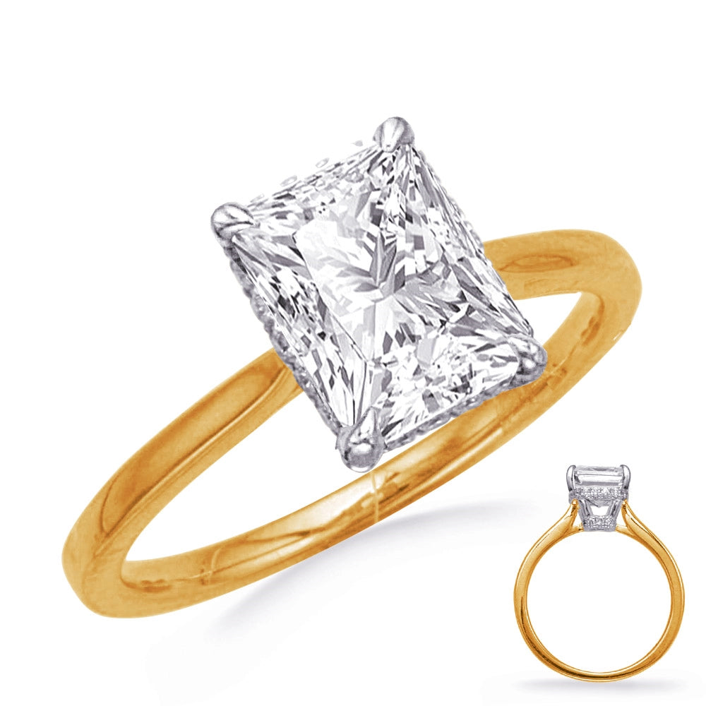 14K Yellow Gold Semi Mount Diamond Ring with 14K White Gold Rectangle Head with Hidden Diamond Halo