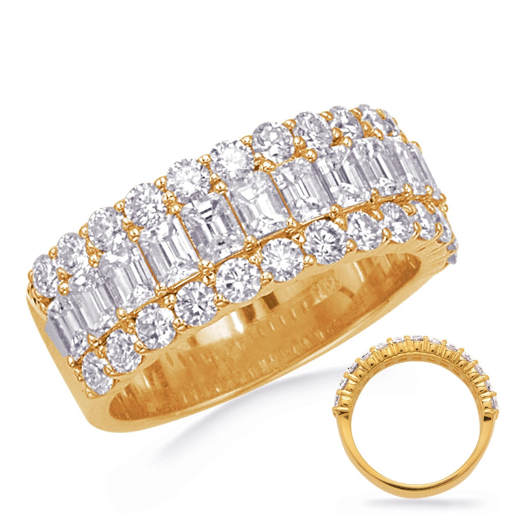 14K Yellow Gold Wide Emerald Cut and Round Diamond Band