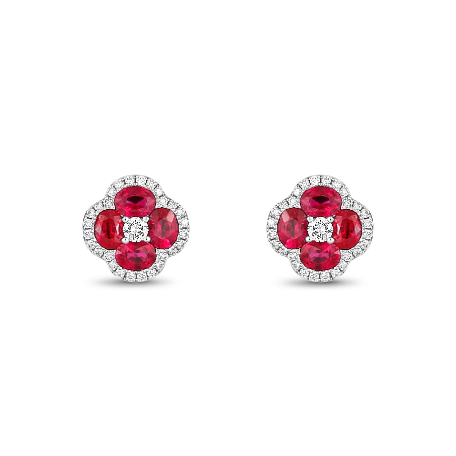 18K Ruby and Diamond Quad Diamond Stud Earrings