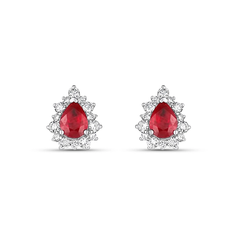 18K White Gold Pear Shaped Ruby Stud Earrings with Diamond Halo