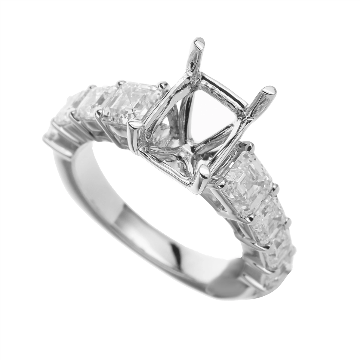 18K White Gold Semi Mount Diamond Ring with Asscher Cut Diamonds and Euro Shank