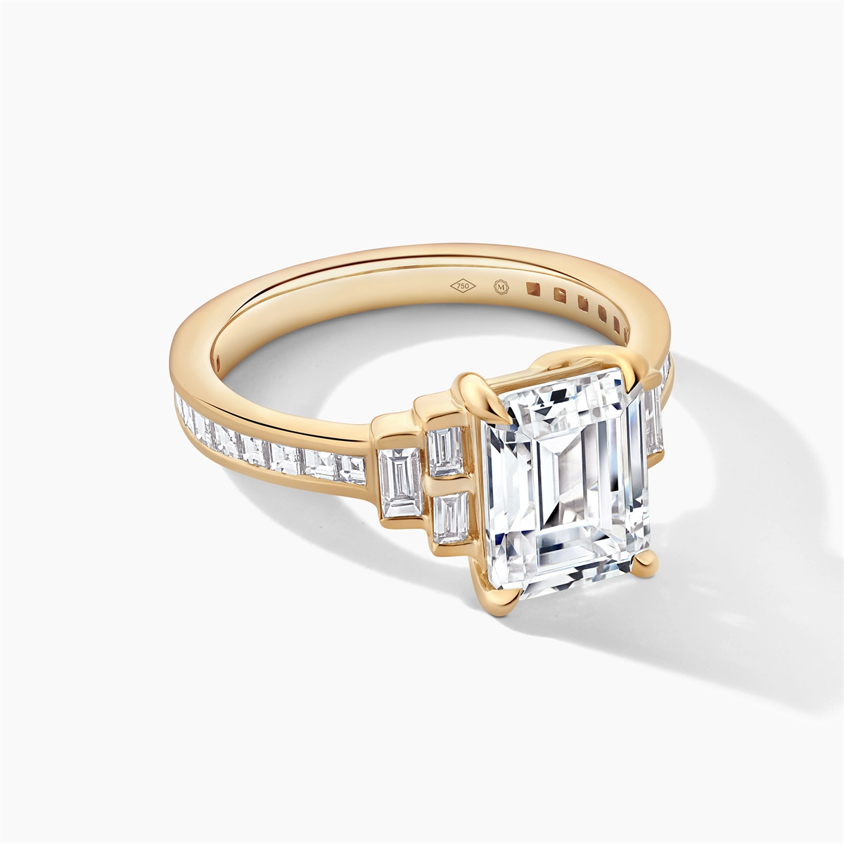 18K Yellow Gold Diamond Semi-mount Ring, Baguettes and Asschers, Emerald Cut Center