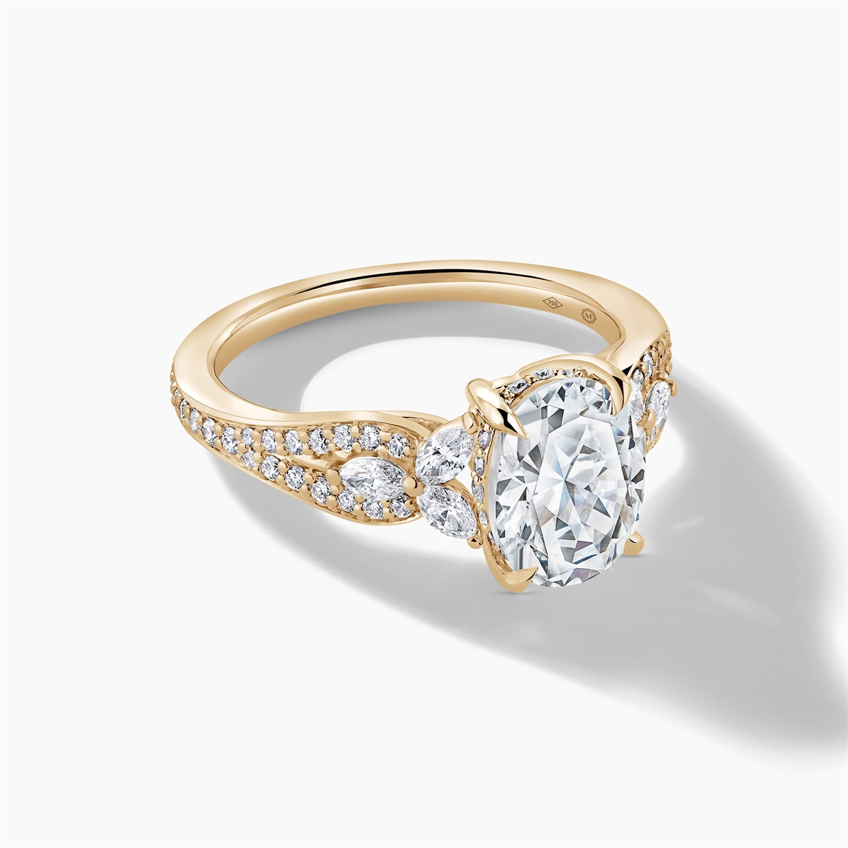 18K Yellow Gold Diamond Semi-mount Ring, Marquise and Rounds, Oval Cut Center