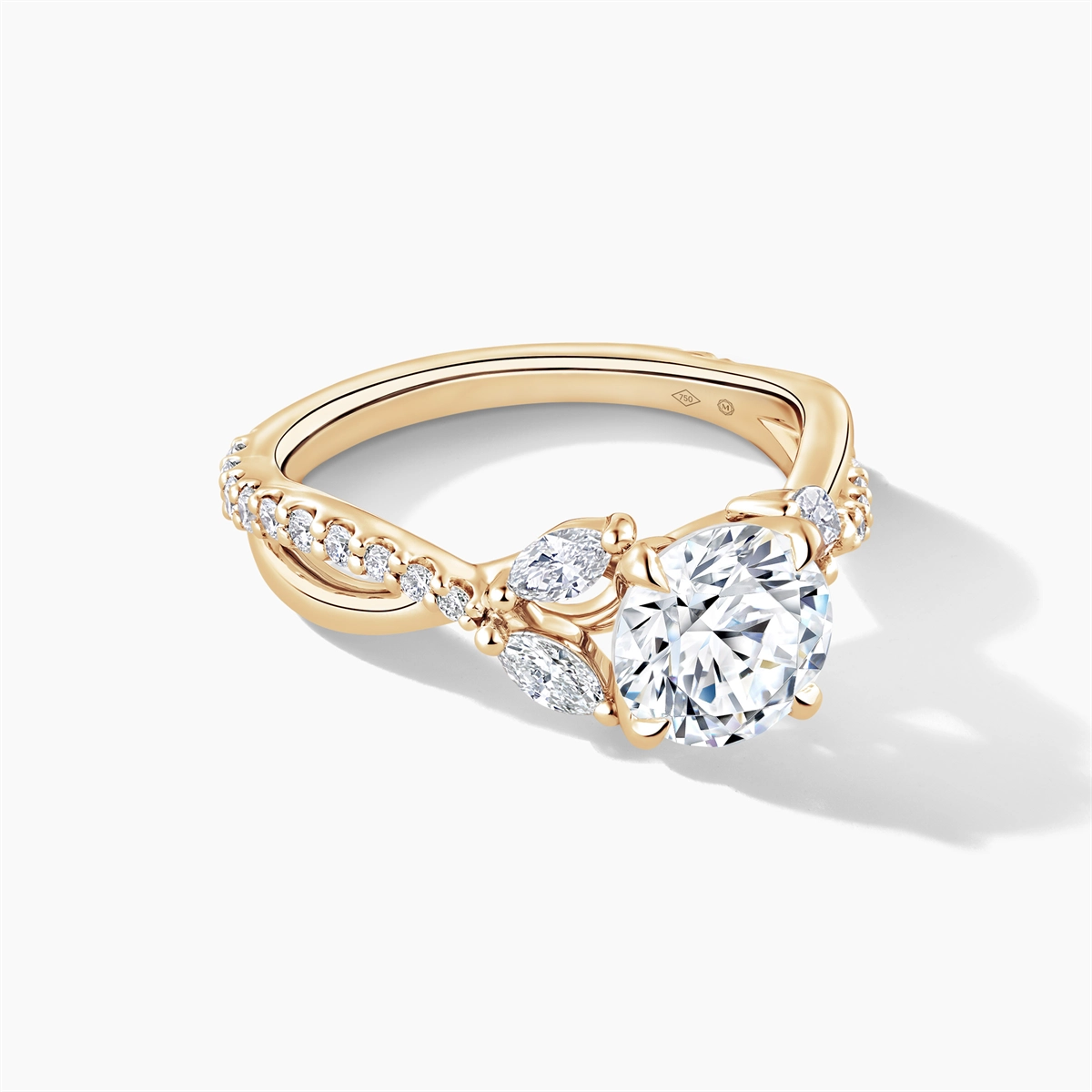 18K Yellow Gold Diamond Semi-mount Ring, Marquise and Rounds, Round Cut Center