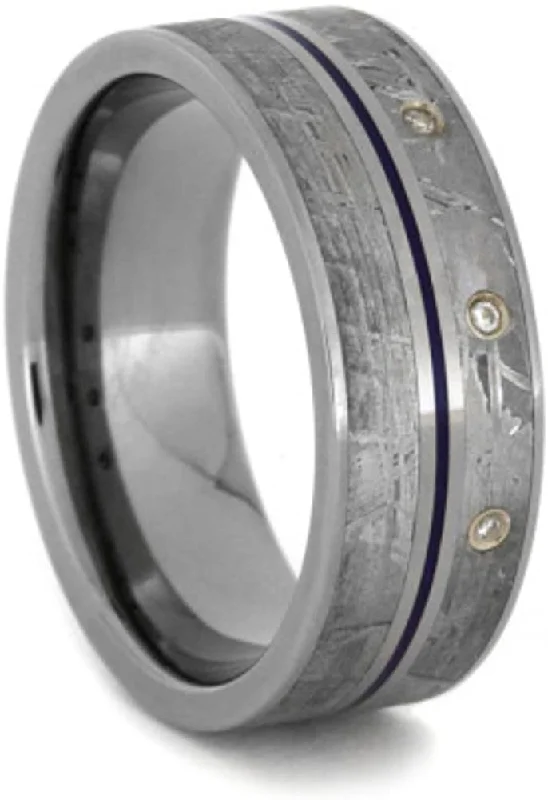 3-Stone Diamond Gibeon Meteorite, Blue Pinstripe 7.5mm Comfort-Fit Titanium Wedding Band, Size 9.5