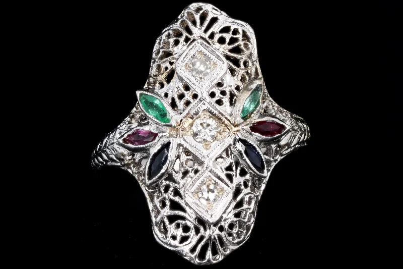 Art Deco 18K White Gold Diamond & Gemstone Filigree Shield Ring