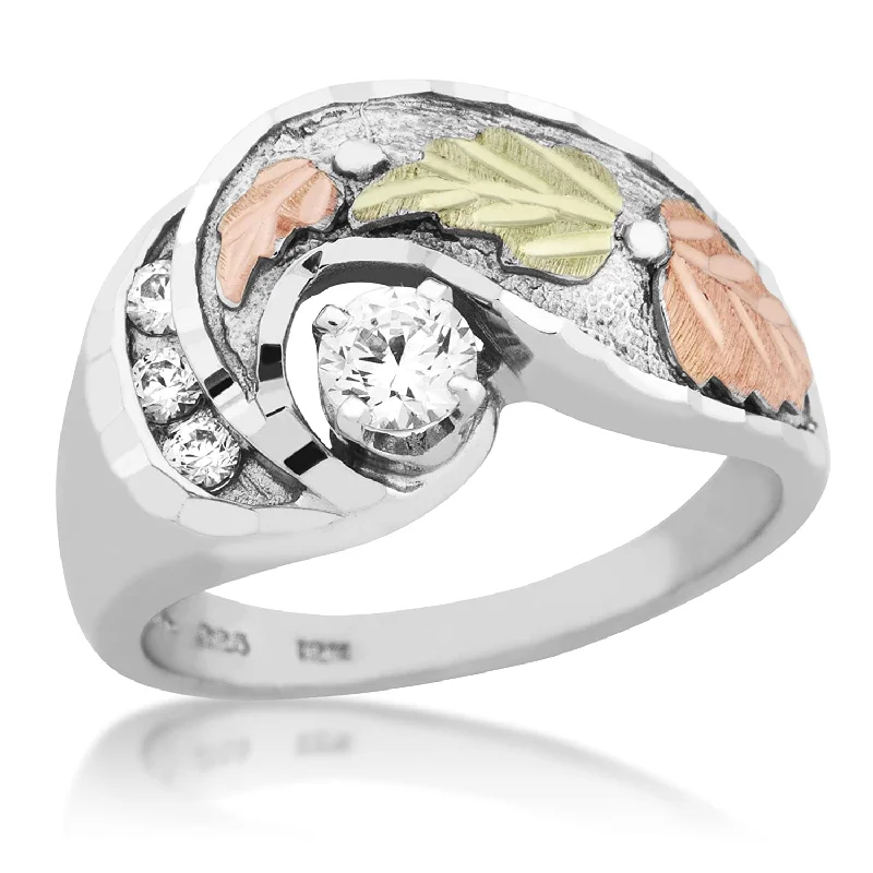 Ave 369 4-Stone CZ Ring, Sterling Silver, 12k Green and Rose Gold Black Hills Gold Motif