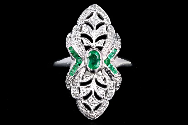 Art Deco Inspired 14K White Gold Natural Emerald & Diamond Shield Ring