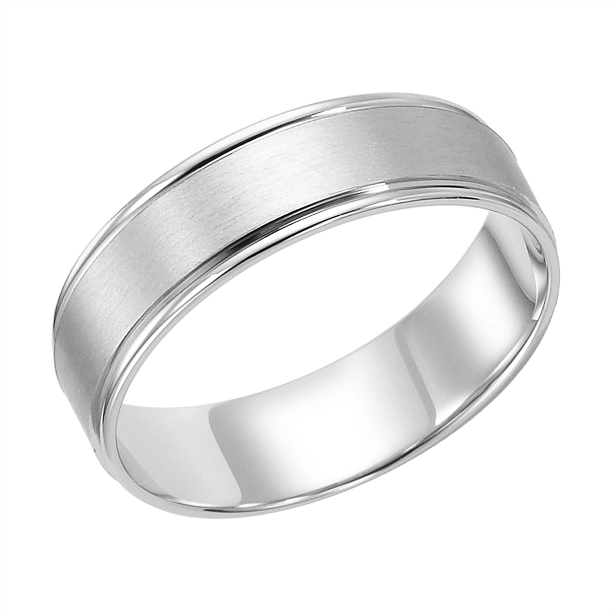 6mm 14K White Gold Wedding Band with Brushed Center and Polished Round Edges