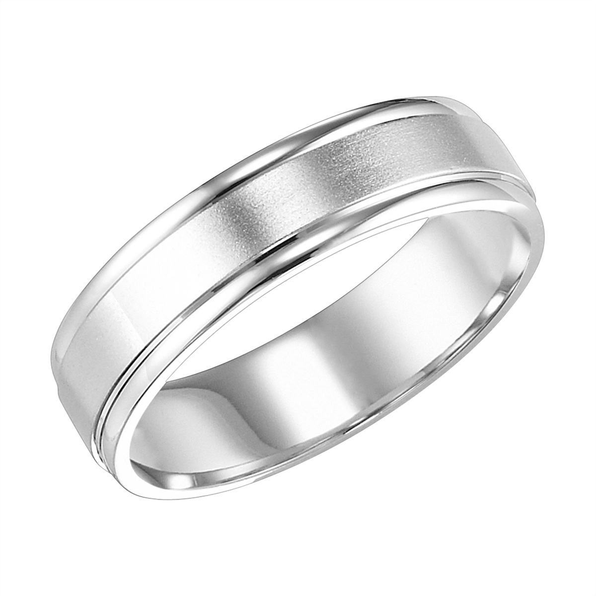 6mm 14K White Gold Wedding Band with Brushed Center and Polished Round Edges - Size 10