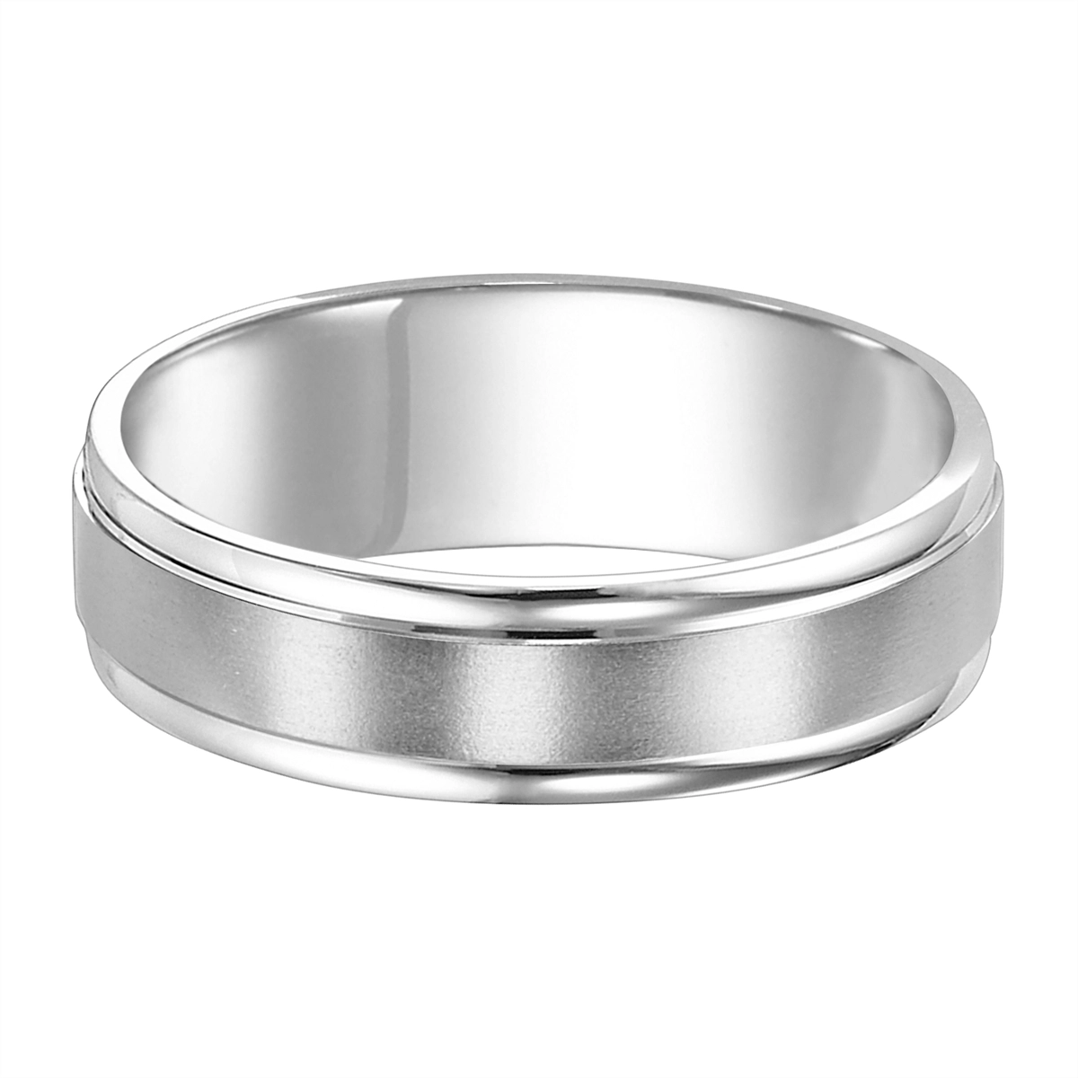 6mm 14K White Gold Wedding Band with Brushed Center and Polished Round Edges - Size 13