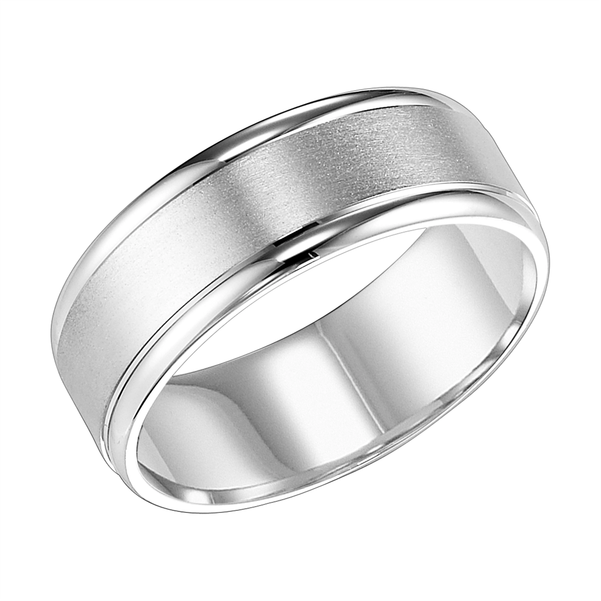 7mm 14K White Gold Wedding Band with Brushed Center and Polished Round Edges