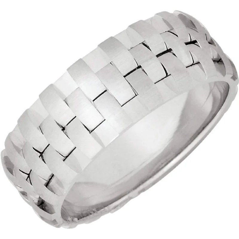 8mm 14k White Gold Interlocked Woven Comfort Fit Band, Sizes 4 to 15