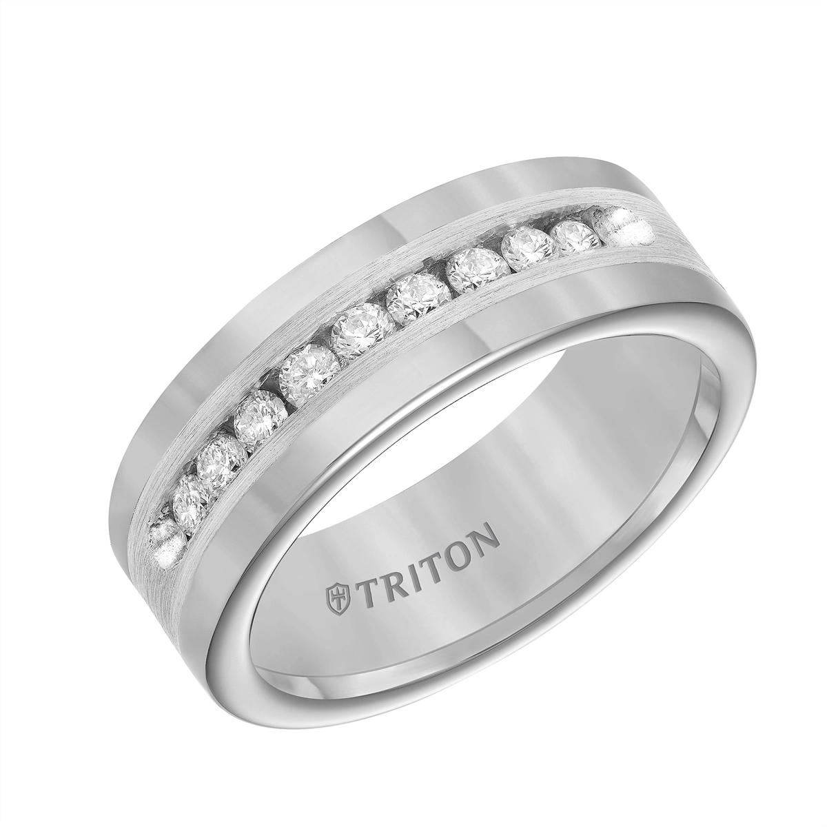 8mm Tungsten Diamond Wedding Band with Satin Sterling Silver Inlay