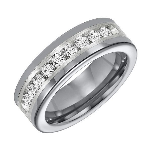 8mm Tungsten Diamond Wedding Band with Satin Sterling Silver Inlay