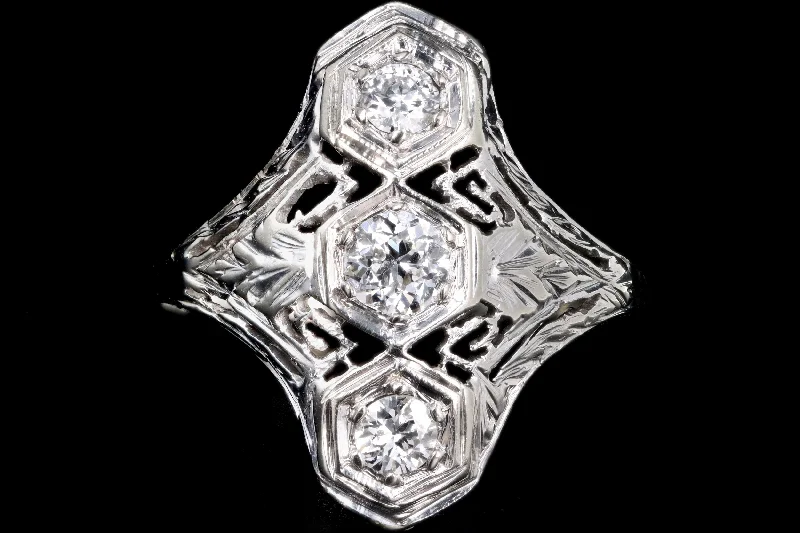 Art Deco 18K White Gold Old European Cut Diamond Filigree Ring