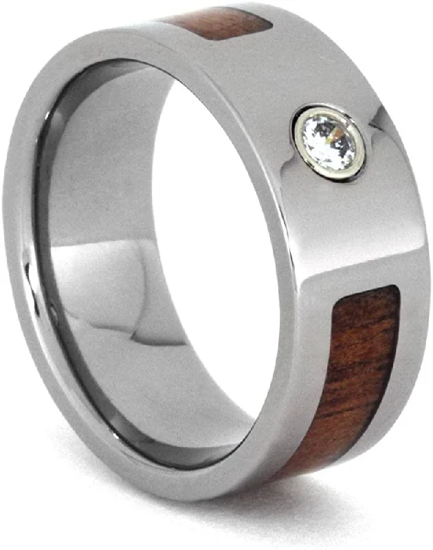 Bezel Set Diamond, Koa Wood 8mm Comfort-Fit Titanium Wedding Band, Size 11.75