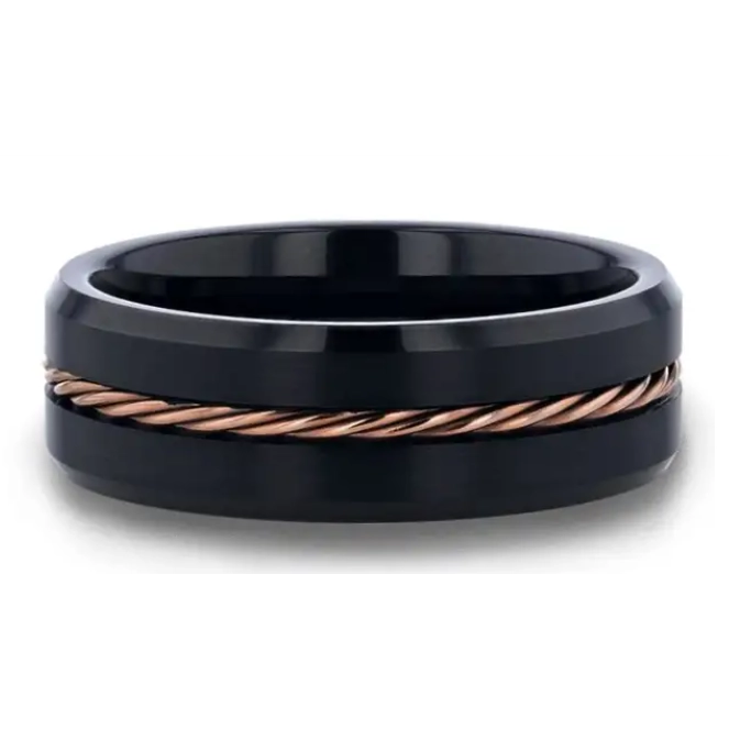 Black Tungsten 8mm Band with Rose Gold Braided Center