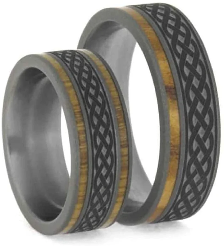 Celtic Knot Oak Titanium Band and Olive Wood Comfort-Fit Sandblasted Titanium Couples Wedding Rings Size, M12.5-F6.5