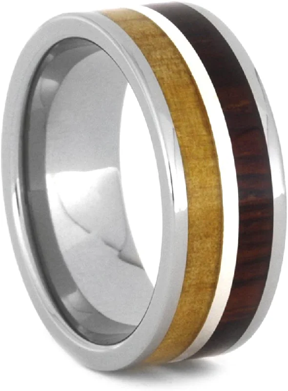 Cocobolo Wood, Birch Wood, Sterling Silver 8mm Comfort-Fit Titanium Wedding Band, Size 9.25