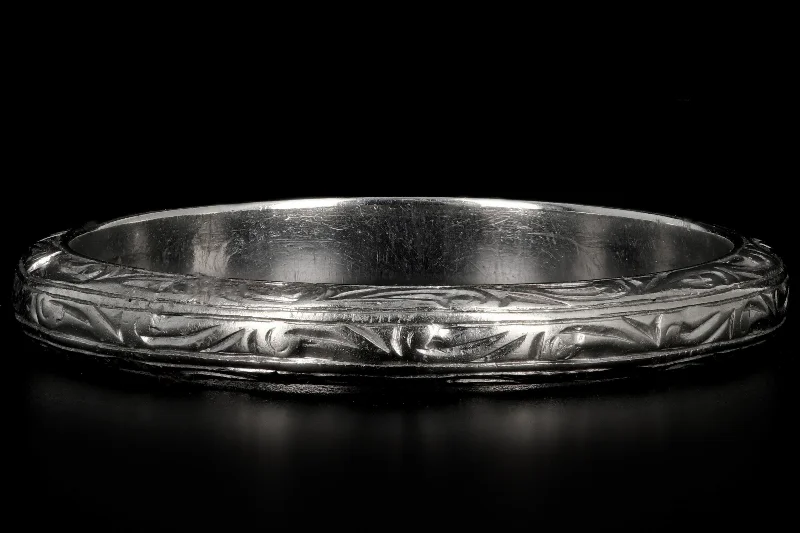 Art Deco Belais 18K White Gold Hand Etched Band