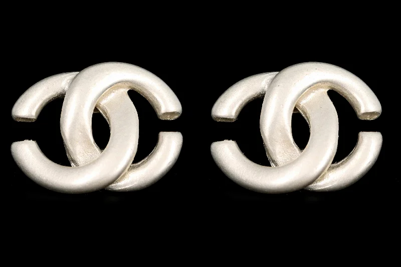 Chanel 2001 Brushed Metal Logo Stud Earrings