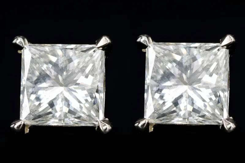 New 14K White Gold 2.10 Carat Total Weight Princess Cut Diamond Stud Earrings