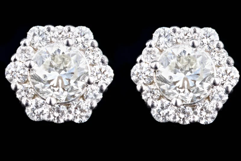 New 14K White Gold .77 Carat Total Weight Round Brilliant Diamond Halo Stud Earrings