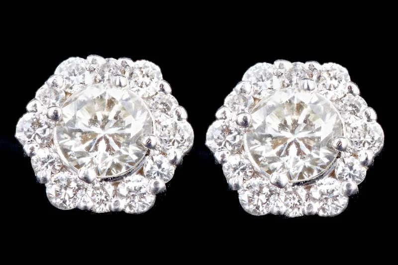 New 14K White Gold .84 Carat Round Brilliant Diamond Halo Stud Earrings