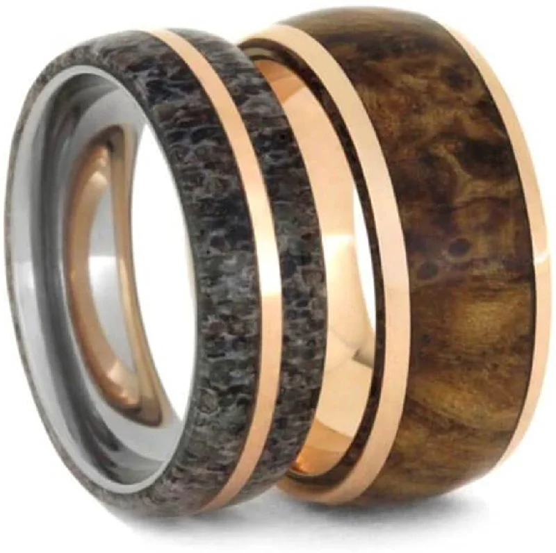 Deer Antler, 14k Rose Gold Titanium Band and Black Ash Burl Wood, 14k Rose Gold Titanium Band Couples Wedding Bands Sizes M13.5-F8.5