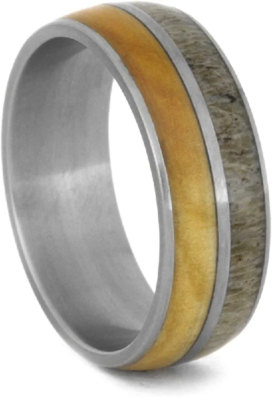 Deer Antler, Birch Wood 8mm Comfort-Fit Matte Titanium Wedding Band, Size 5.75