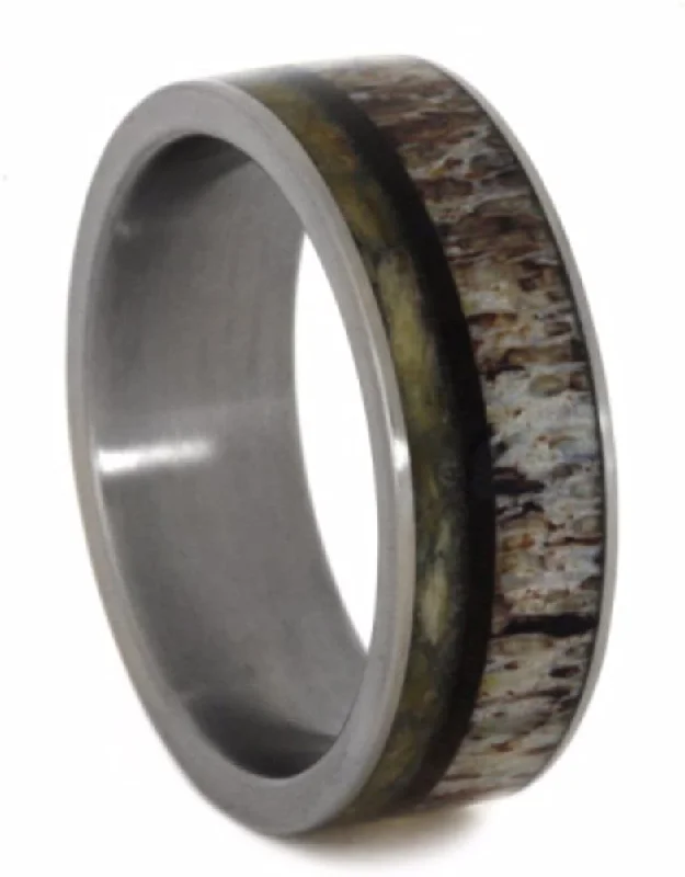 Deer Antler, Wishbone, Green Box Elder Wood 8mm Comfort-Fit Matte Titanium Wedding Band, Size 14.75