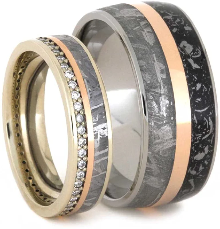 Diamond Eternity, Gibeon Meteorite, 14k Rose and White Gold Ring, Men's Gibeon Meteorite, 14k Rose Gold Stripe, Black Stardust, Titanium Band; His and Hers Wedding Set, M13.5-F8.5