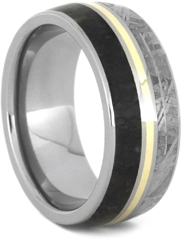 Dinosaur Bone, Gibeon Meteorite, 14k Yellow Gold 9mm Titanium Comfort-Fit Wedding Band, Size 10