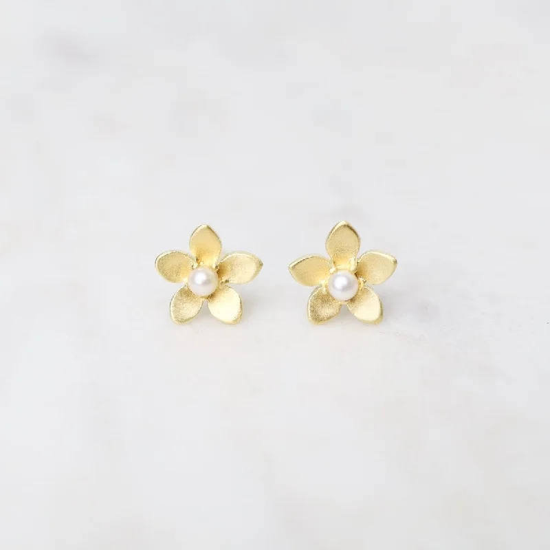 Brushed Gold Vermeil Flower with Tiny Pearl Center Stud Earrings